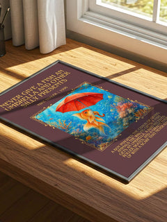 Never give a fish an umbrella and other silly presents Minimalist Book Poster by Mike Thaler – print on a sunlit desk
