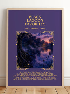 Black Lagoon favorites Minimalist Book Poster by Mike Thaler – framed print leaning on a wooden floor