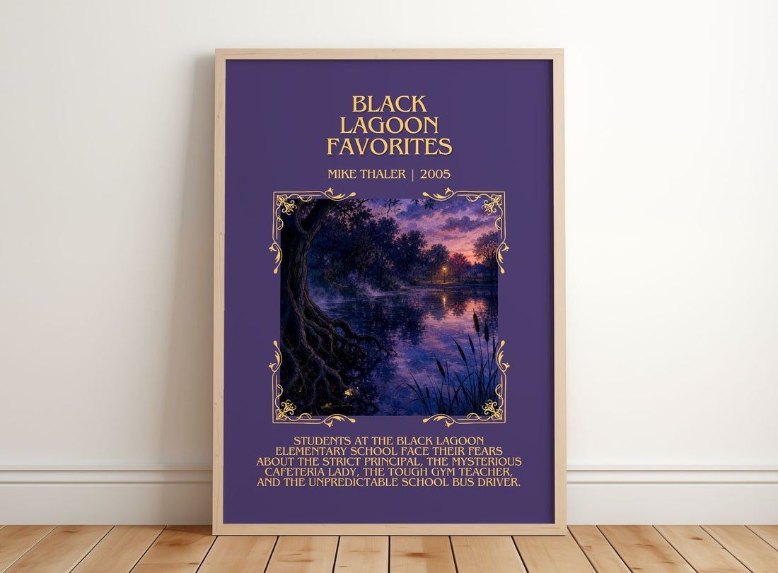 Black Lagoon favorites Minimalist Book Poster by Mike Thaler – framed print leaning on a wooden floor
