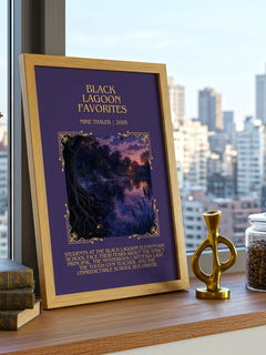 Black Lagoon favorites Minimalist Book Poster by Mike Thaler – framed print on a city-view windowsill