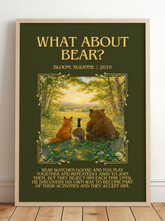 What about Bear? Minimalist Book Poster by Bloom, Suzanne – framed print leaning on a wooden floor