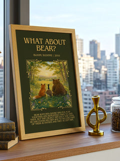 What about Bear? Minimalist Book Poster by Bloom, Suzanne – framed print on a city-view windowsill
