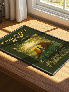 What about Bear? Minimalist Book Poster by Bloom, Suzanne – print on a sunlit desk