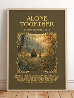 Alone together Minimalist Book Poster by Bloom, Suzanne – framed print leaning on a wooden floor