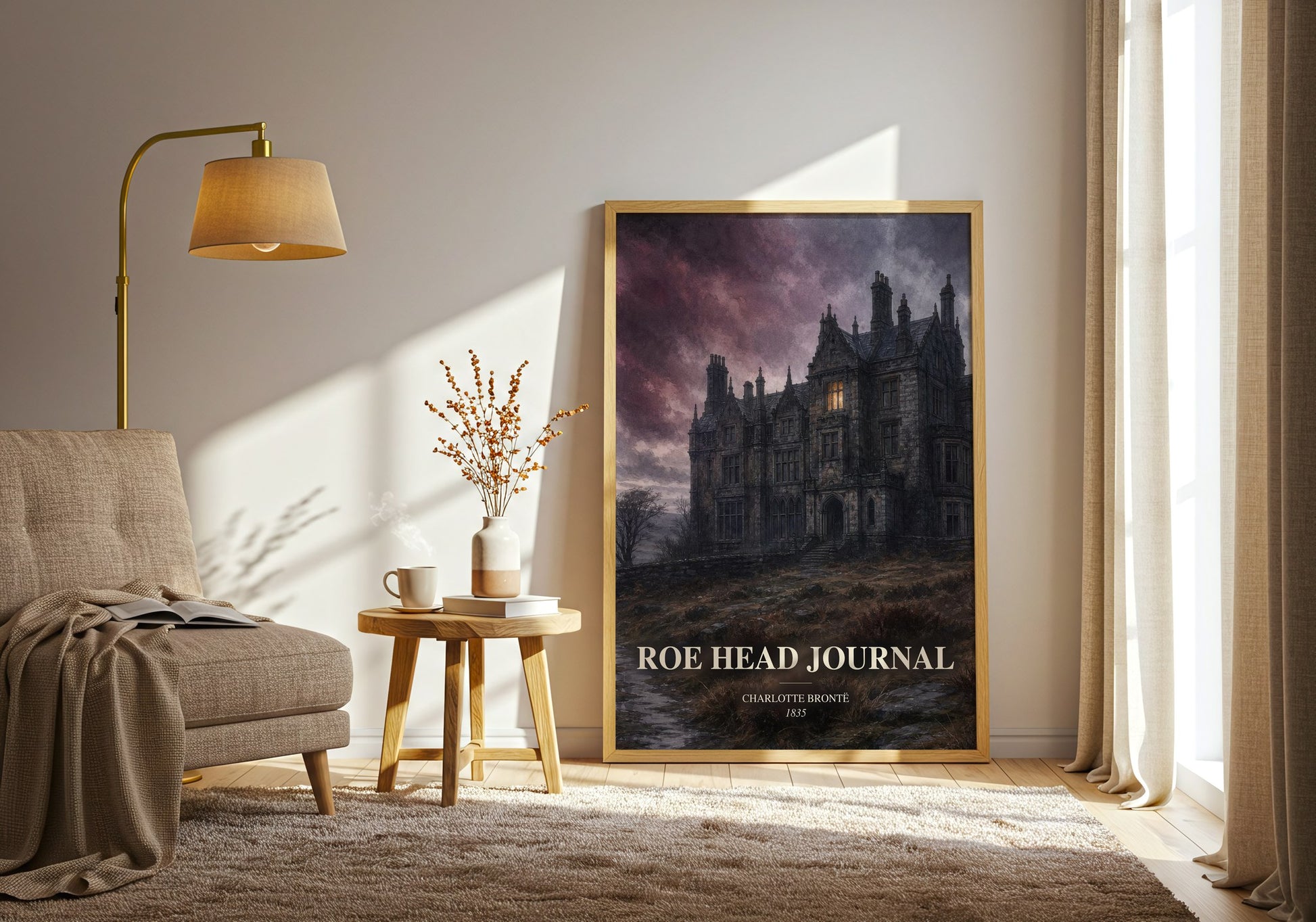 Roe Head Journal watercolour print in frame leaning in hallway – memoir wall art