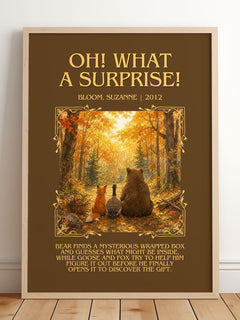 Oh! What a surprise! Minimalist Book Poster by Bloom, Suzanne – framed print leaning on a wooden floor