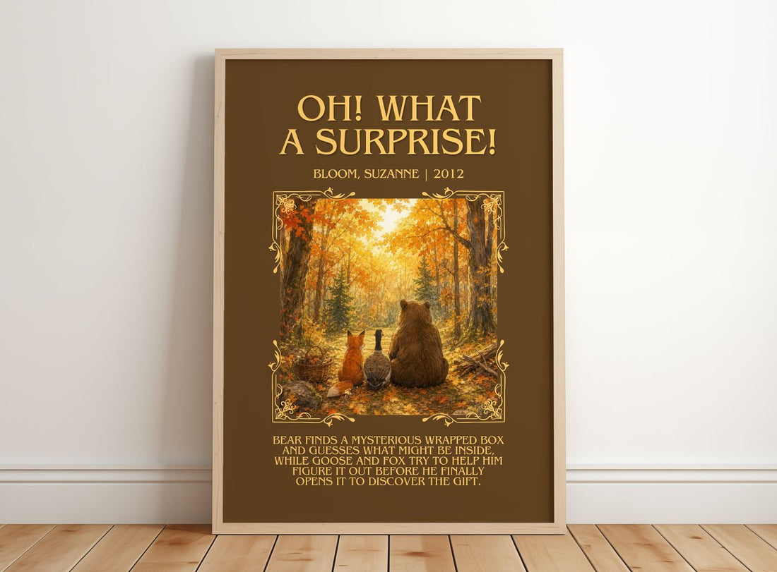 Oh! What a surprise! Minimalist Book Poster by Bloom, Suzanne – framed print leaning on a wooden floor