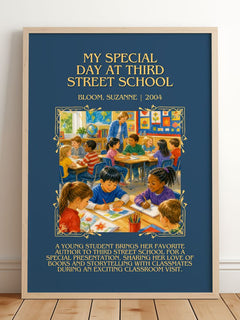 My Special Day at Third Street School Minimalist Book Poster by Bloom, Suzanne – framed print leaning on a wooden floor