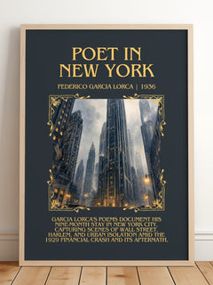 Poet in New York Minimalist Book Poster by Federico García Lorca – framed print leaning on a wooden floor