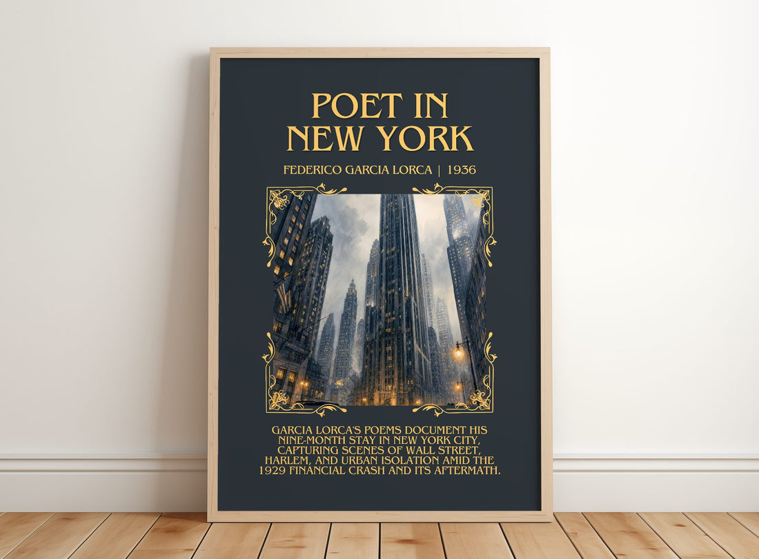Poet in New York Minimalist Book Poster by Federico García Lorca – framed print leaning on a wooden floor