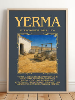 Yerma Minimalist Book Poster by Federico García Lorca – framed print leaning on a wooden floor