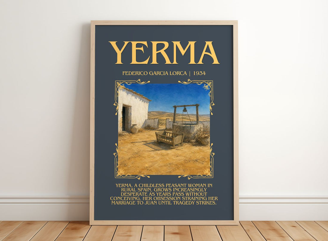 Yerma Minimalist Book Poster by Federico García Lorca – framed print leaning on a wooden floor