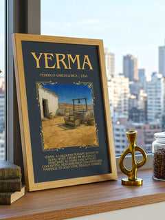 Yerma Minimalist Book Poster by Federico García Lorca – framed print on a city-view windowsill