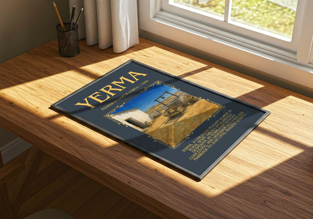 Yerma Minimalist Book Poster by Federico García Lorca – print on a sunlit desk