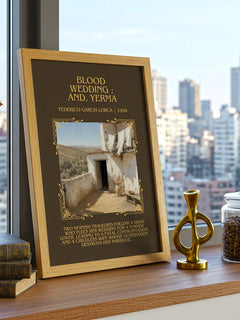 Blood wedding ; and, Yerma Minimalist Book Poster by F. Lorca – framed print on a city-view windowsill