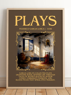 Plays Minimalist Book Poster by Federico García Lorca – framed print leaning on a wooden floor