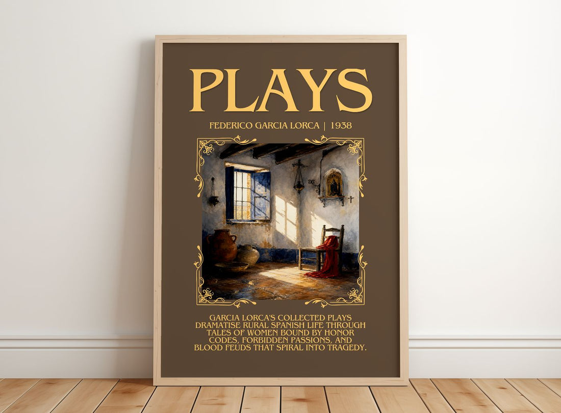 Plays Minimalist Book Poster by Federico García Lorca – framed print leaning on a wooden floor