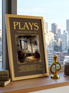 Plays Minimalist Book Poster by Federico García Lorca – framed print on a city-view windowsill