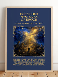 Forbidden mysteries of Enoch Minimalist Book Poster by E. Prophet – framed print leaning on a wooden floor