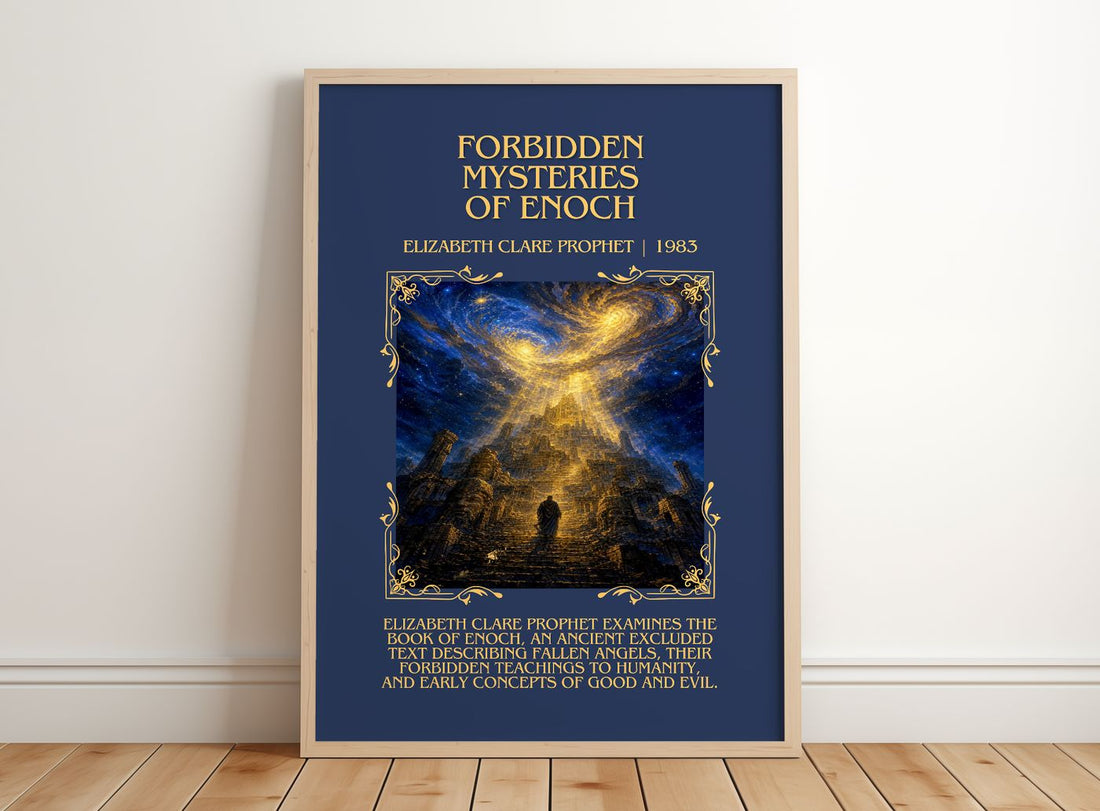 Forbidden mysteries of Enoch Minimalist Book Poster by E. Prophet – framed print leaning on a wooden floor