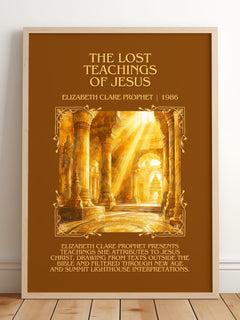 lost teachings of Jesus Minimalist Book Poster by E. Prophet – framed print leaning on a wooden floor
