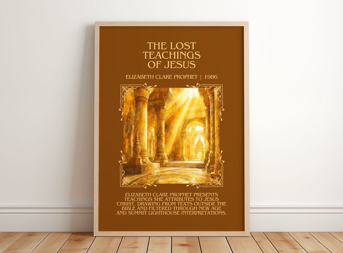 lost teachings of Jesus Minimalist Book Poster by E. Prophet – framed print leaning on a wooden floor