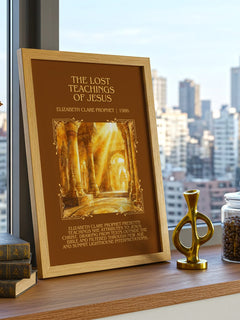 lost teachings of Jesus Minimalist Book Poster by E. Prophet – framed print on a city-view windowsill