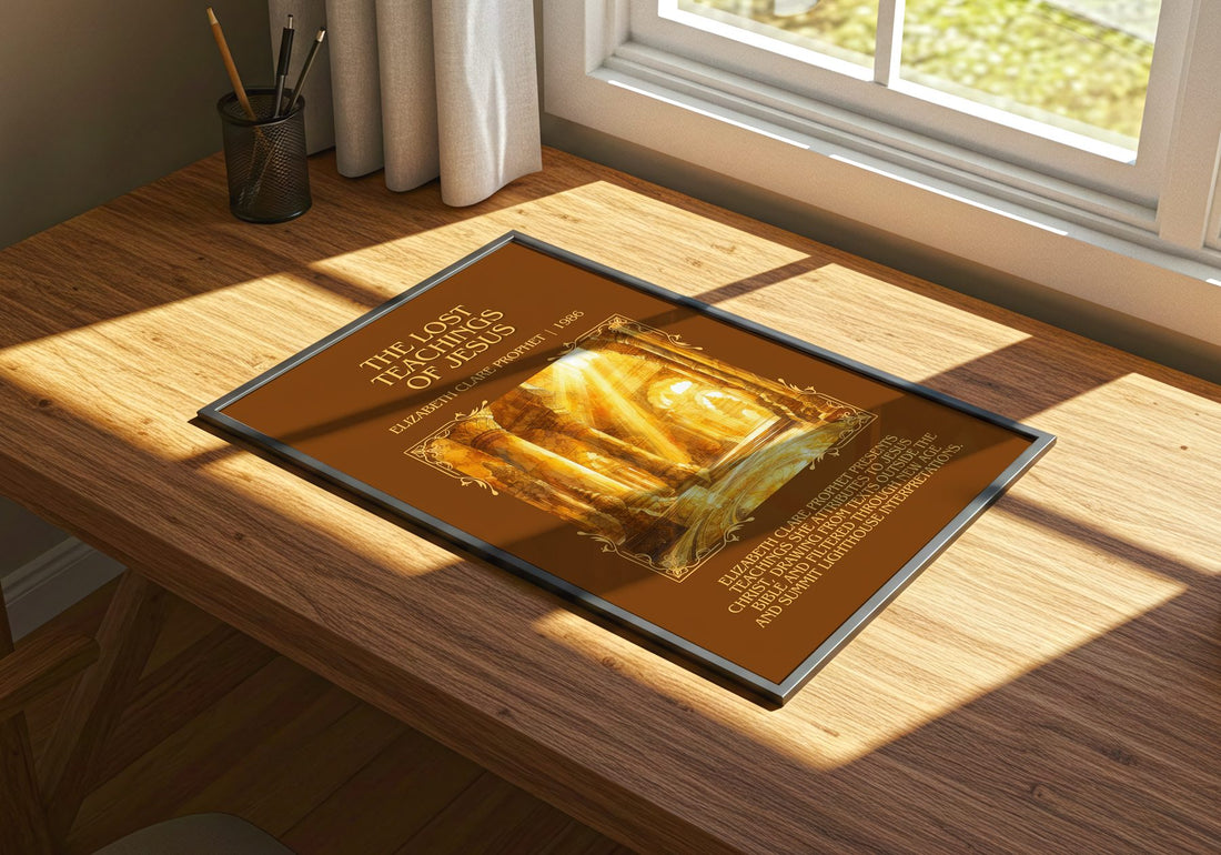 lost teachings of Jesus Minimalist Book Poster by E. Prophet – print on a sunlit desk