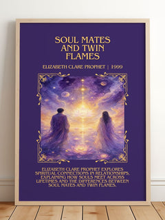 Soul Mates and Twin Flames Minimalist Book Poster by E. Prophet – framed print leaning on a wooden floor