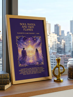 Soul Mates and Twin Flames Minimalist Book Poster by E. Prophet – framed print on a city-view windowsill