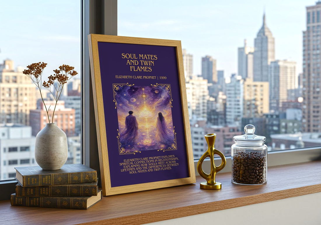 Soul Mates and Twin Flames Minimalist Book Poster by E. Prophet – framed print on a city-view windowsill