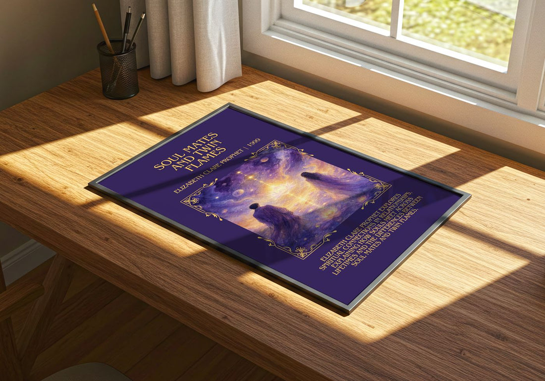 Soul Mates and Twin Flames Minimalist Book Poster by E. Prophet – print on a sunlit desk