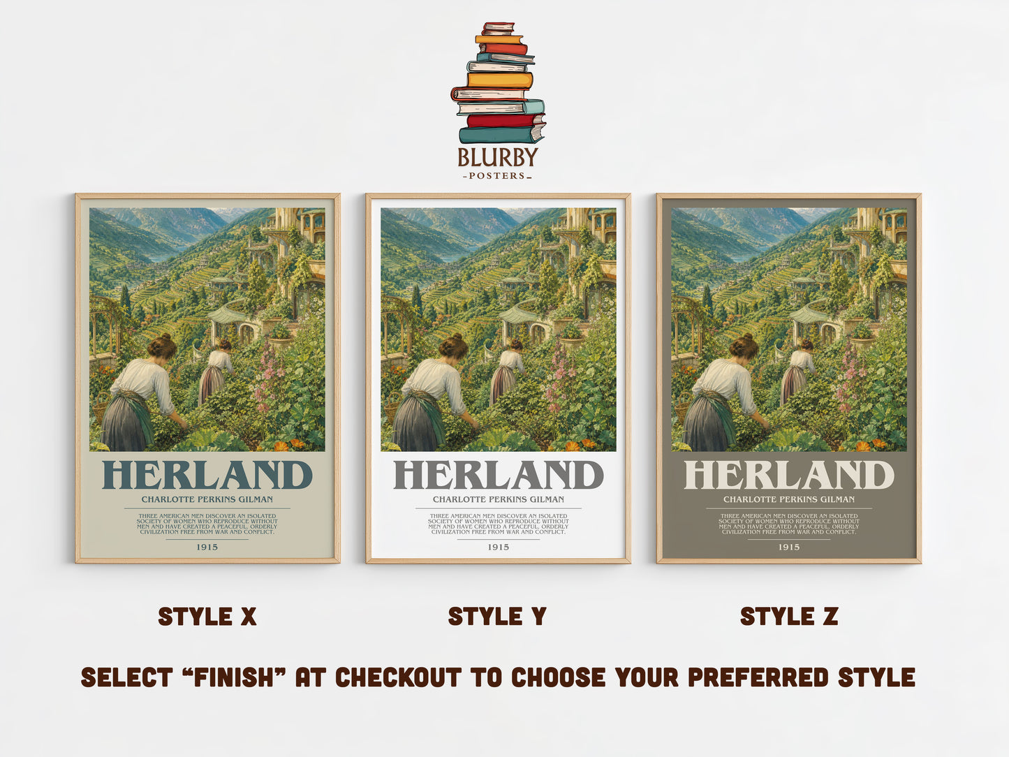 Herland bookish print in frame leaning in hallway – classic literature wall art