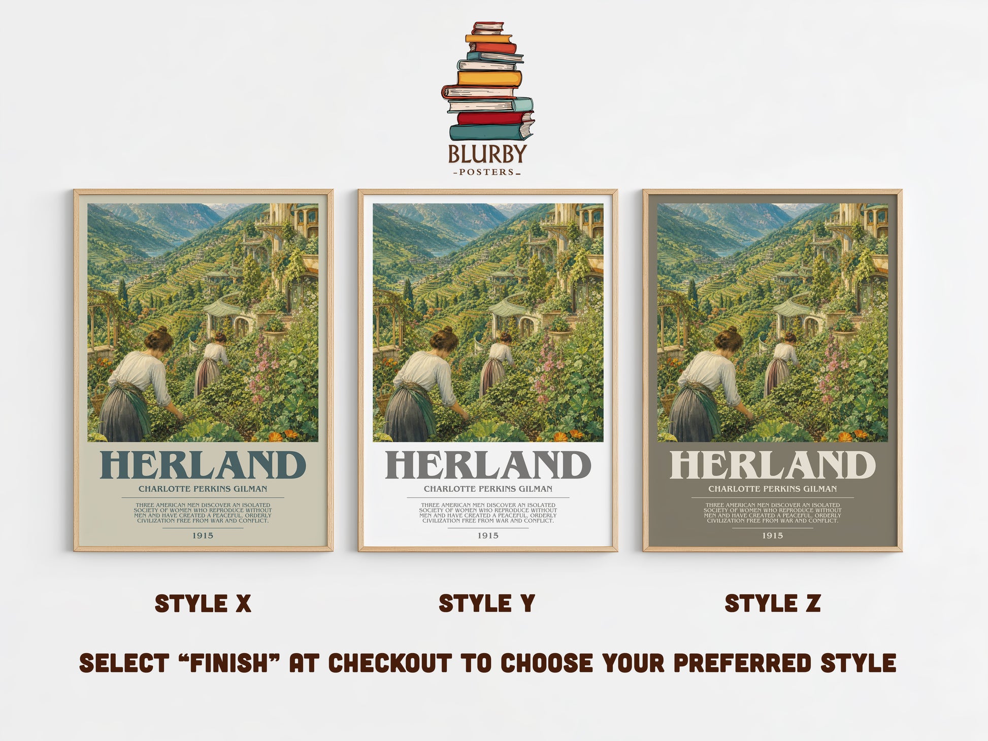 Herland bookish print in frame leaning in hallway – classic literature wall art