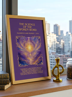 science of the spoken word Minimalist Book Poster by E. Prophet – framed print on a city-view windowsill