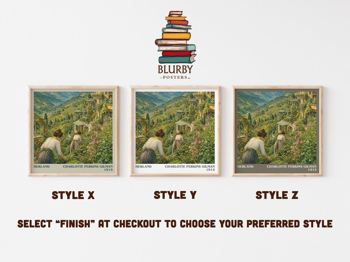Herland literary print in frame leaning in hallway – classic literature wall art