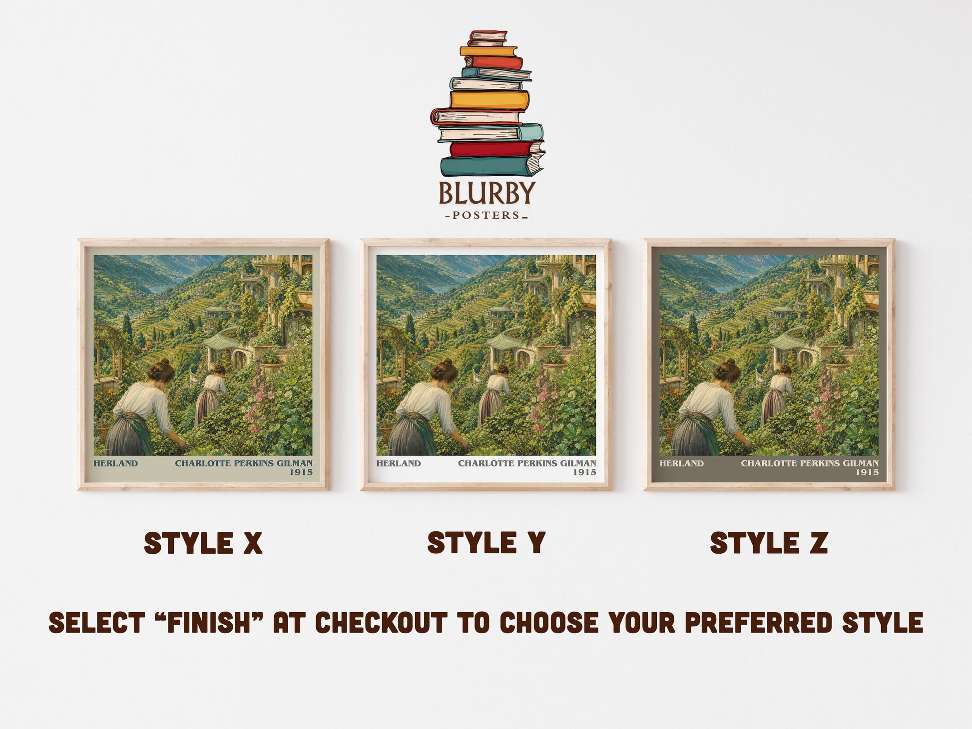 Herland literary print in frame leaning in hallway – classic literature wall art