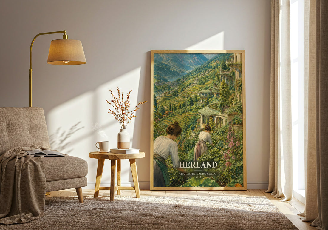 Herland watercolour print in frame leaning in hallway – classic literature wall art (mockup)