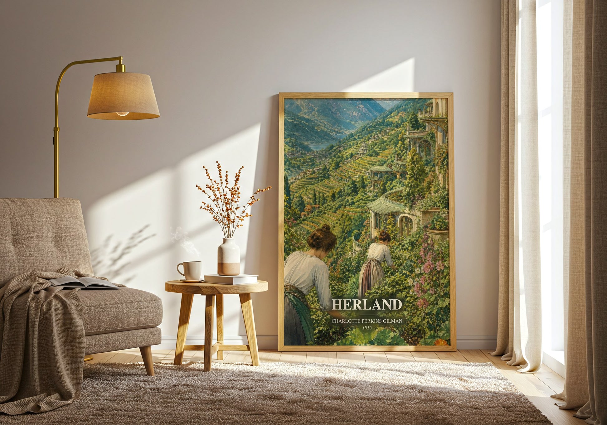 Herland watercolour print in frame leaning in hallway – classic literature wall art
