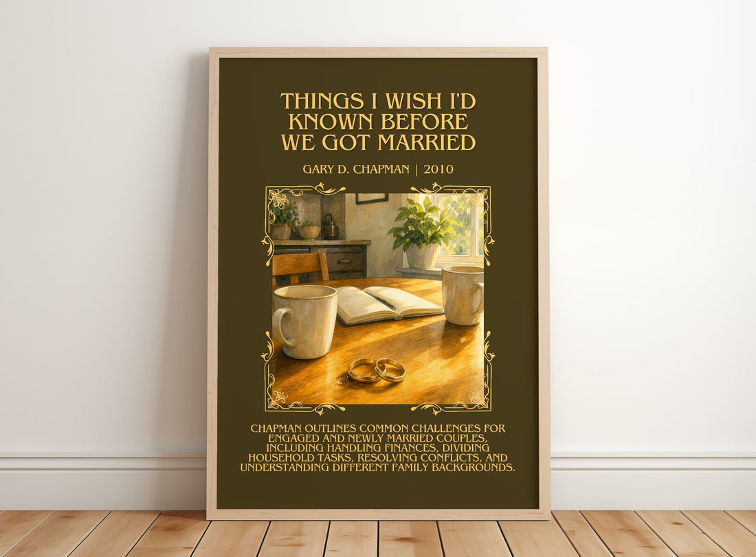 Things I wish I'd known before we got married Minimalist Book Poster by Gary D. Chapman – framed print leaning on a wooden floor
