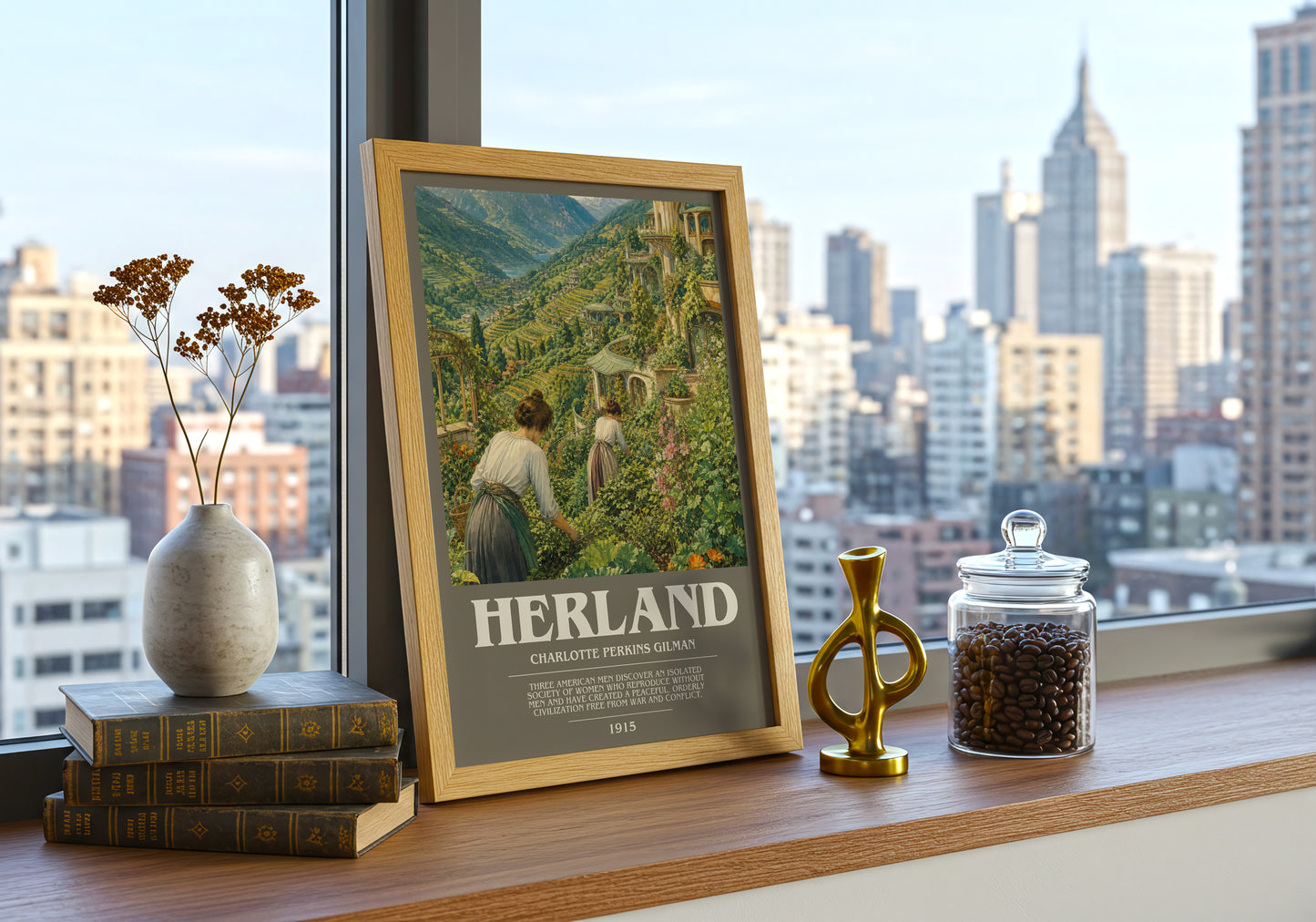 Herland bookish print framed by window – literary home decor