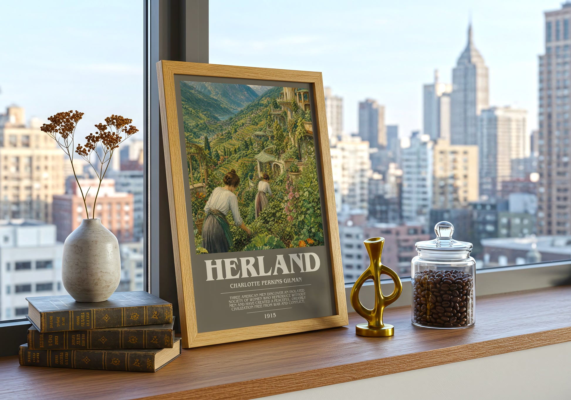 Herland bookish print framed by window – literary home decor