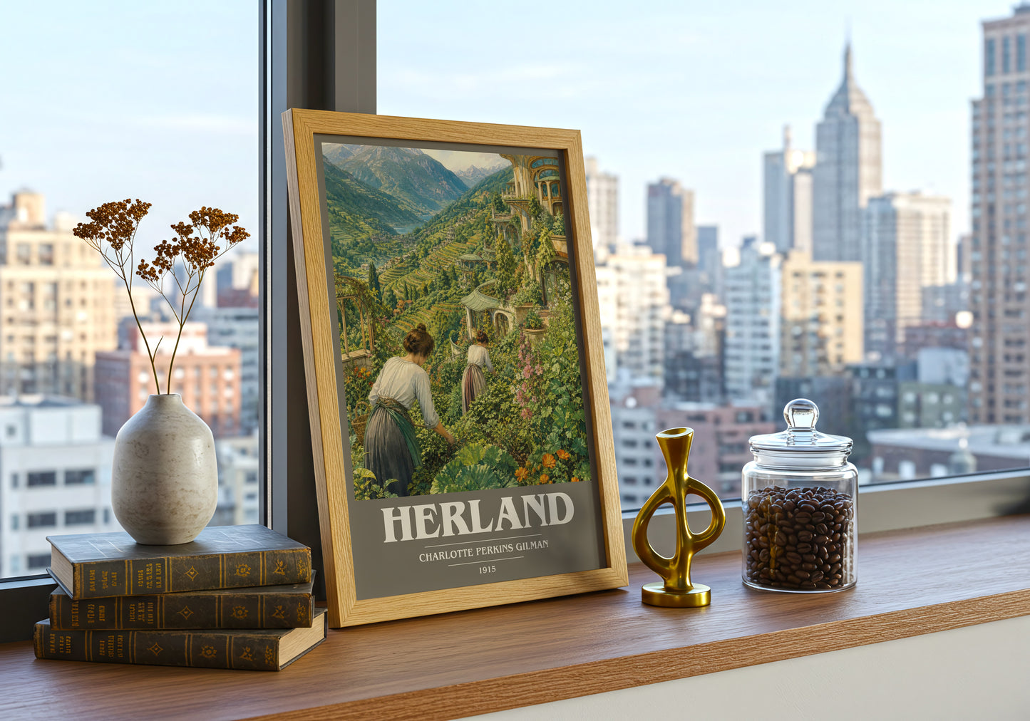Herland book cover print framed by window – literary home decor