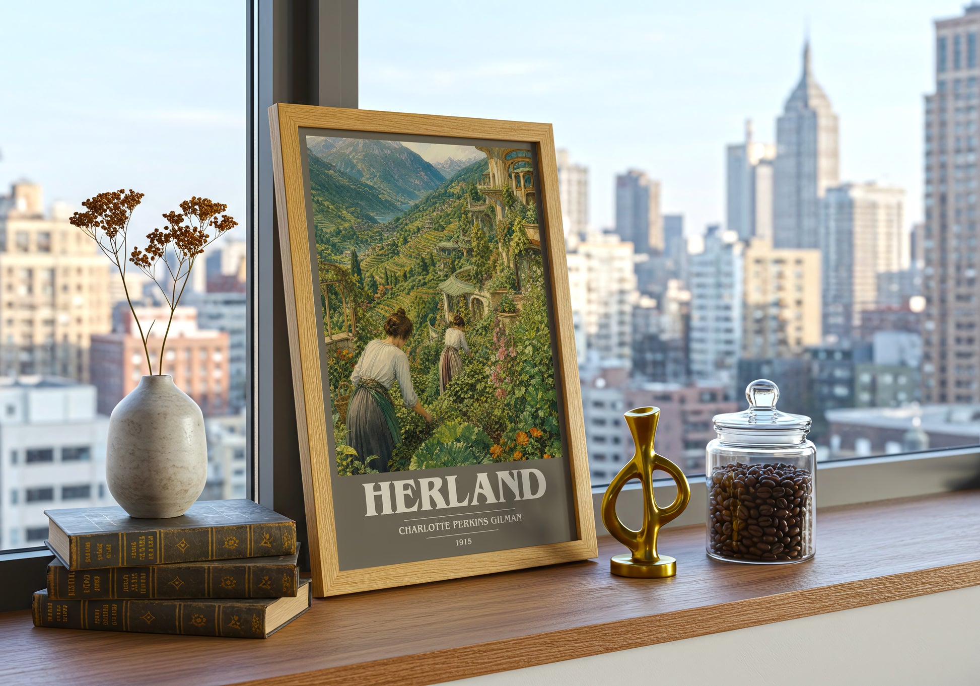 Herland book cover print framed by window – literary home decor