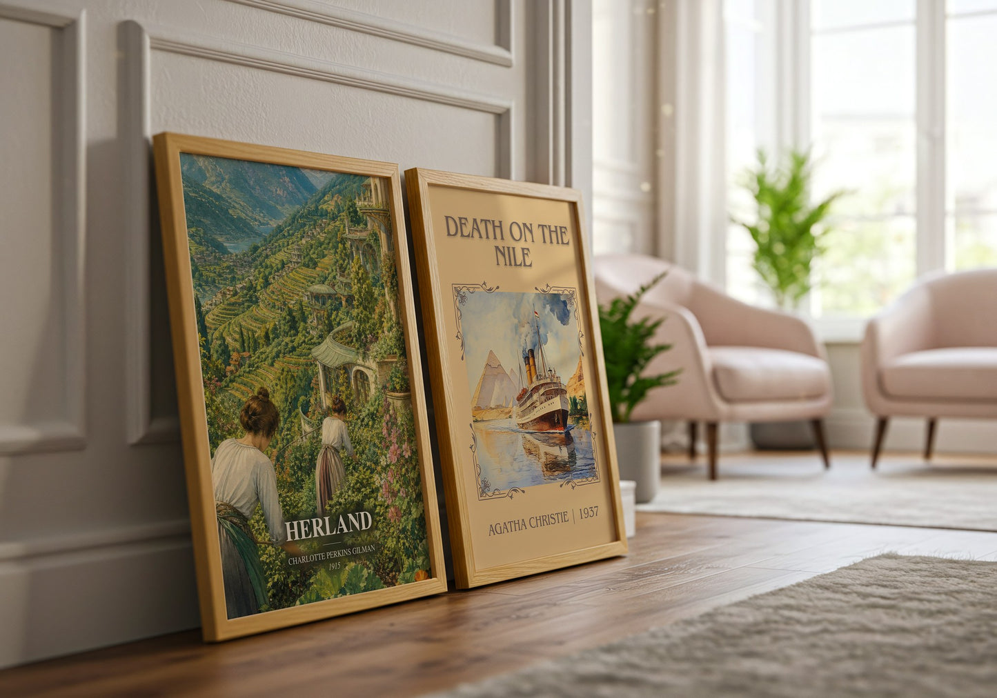 Herland watercolour print framed by window – literary home decor