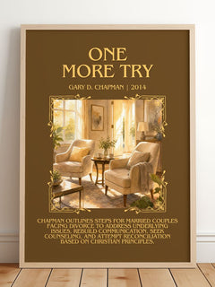 One more try Minimalist Book Poster by Gary D. Chapman – framed print leaning on a wooden floor