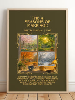 The 4 Seasons of Marriage Minimalist Book Poster by Gary D. Chapman – framed print leaning on a wooden floor