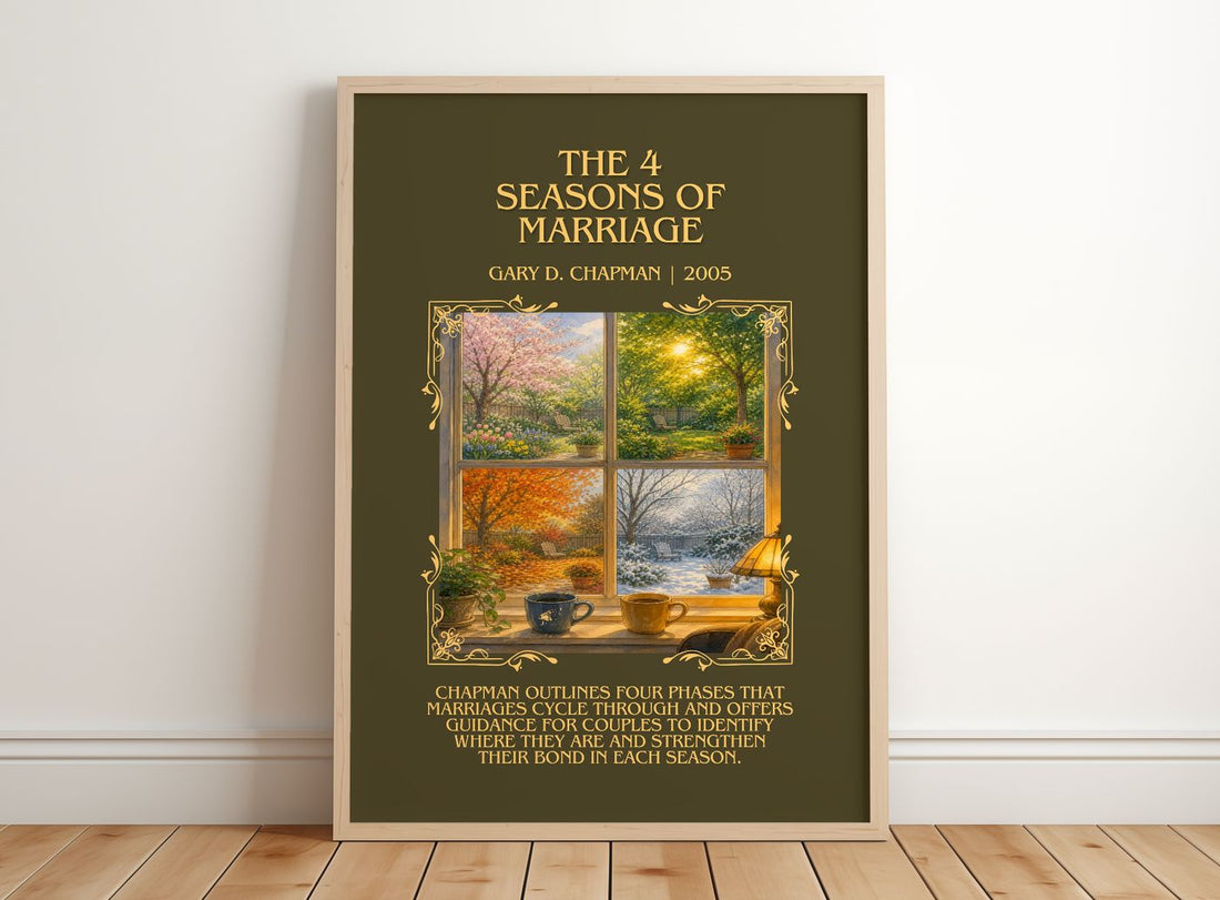 The 4 Seasons of Marriage Minimalist Book Poster by Gary D. Chapman – framed print leaning on a wooden floor