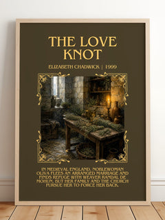 The Love Knot Minimalist Book Poster by Elizabeth Chadwick – framed print leaning on a wooden floor