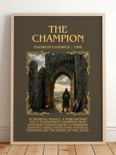 The Champion Minimalist Book Poster by Elizabeth Chadwick – framed print leaning on a wooden floor